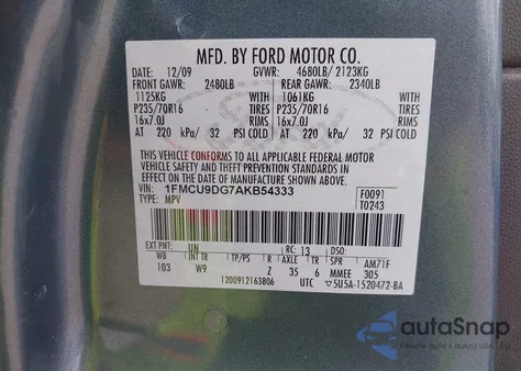 2010 Ford Escape Xlt из США, поврежденный, VIN 1FMCU9DG7AKB54333